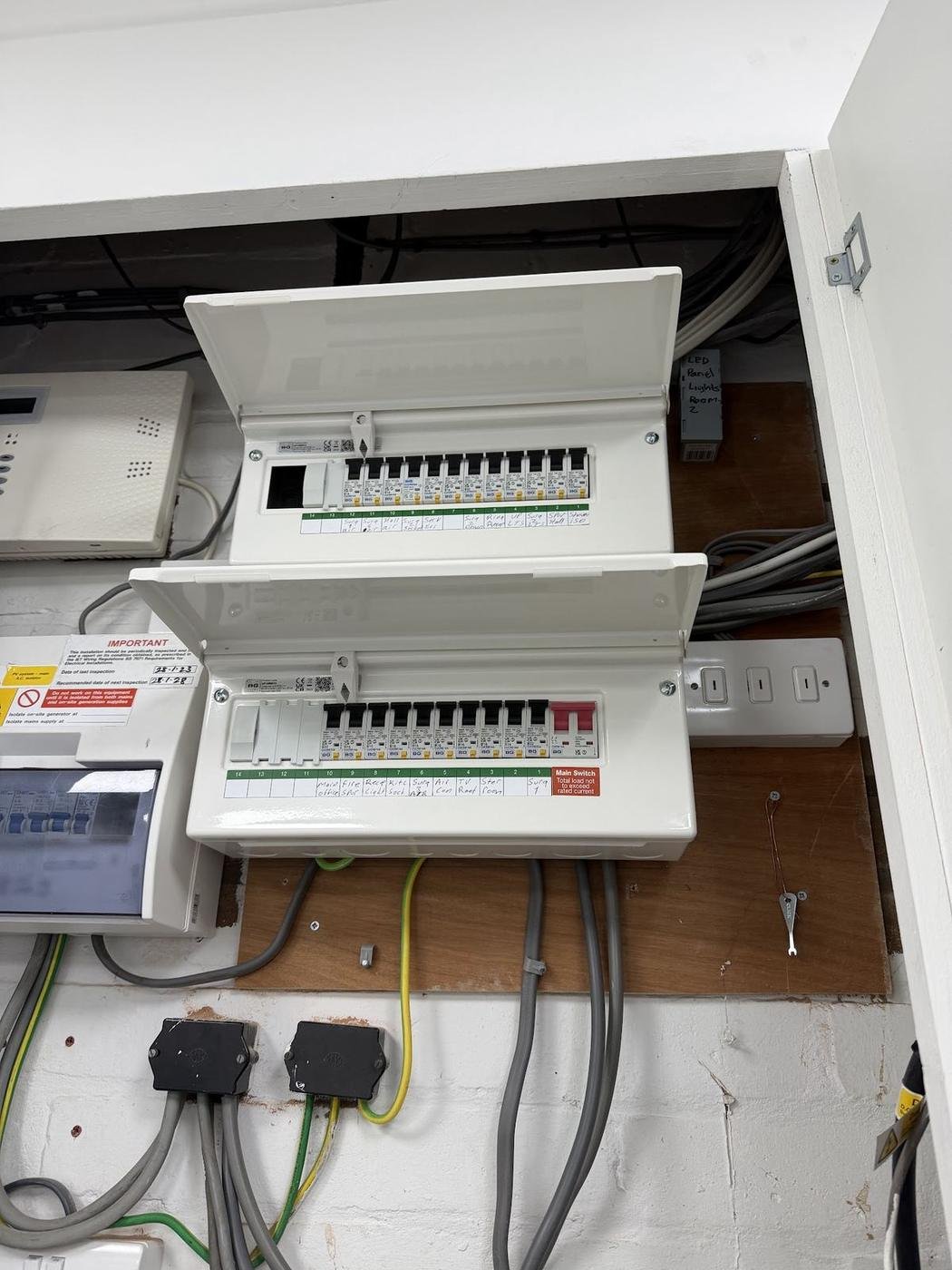 A consumer unit fitted with neatly dressed cables