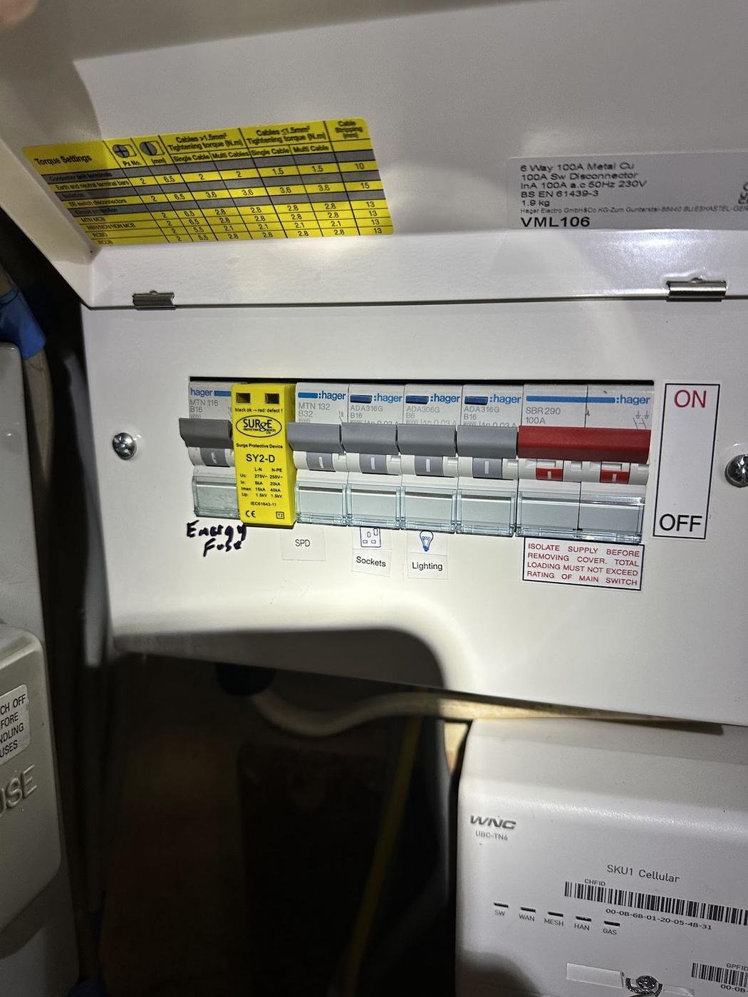 A consumer unit fitted in a cupboard