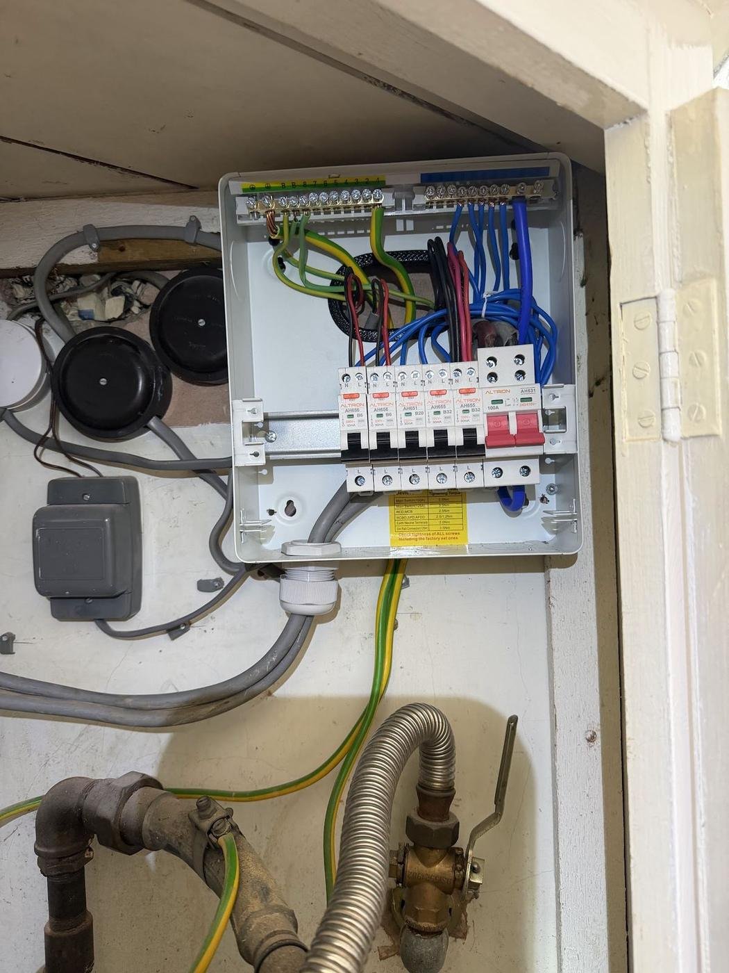 A compact consumer unit mounted in a cupboard